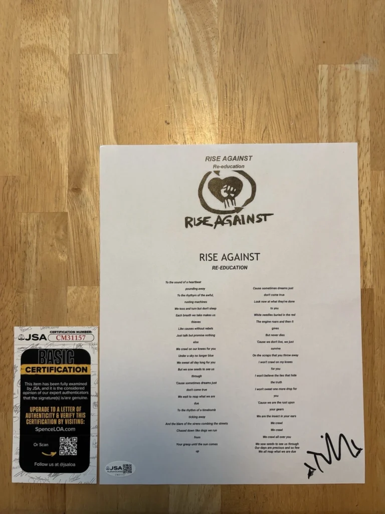 Tim McIlrath Rise Against Signed Autographed Lyric Sheet Jsa Coa