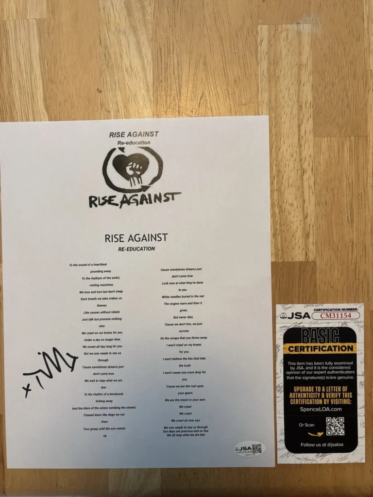 Tim McIlrath Rise Against Signed Autographed Lyric Sheet Jsa Coa