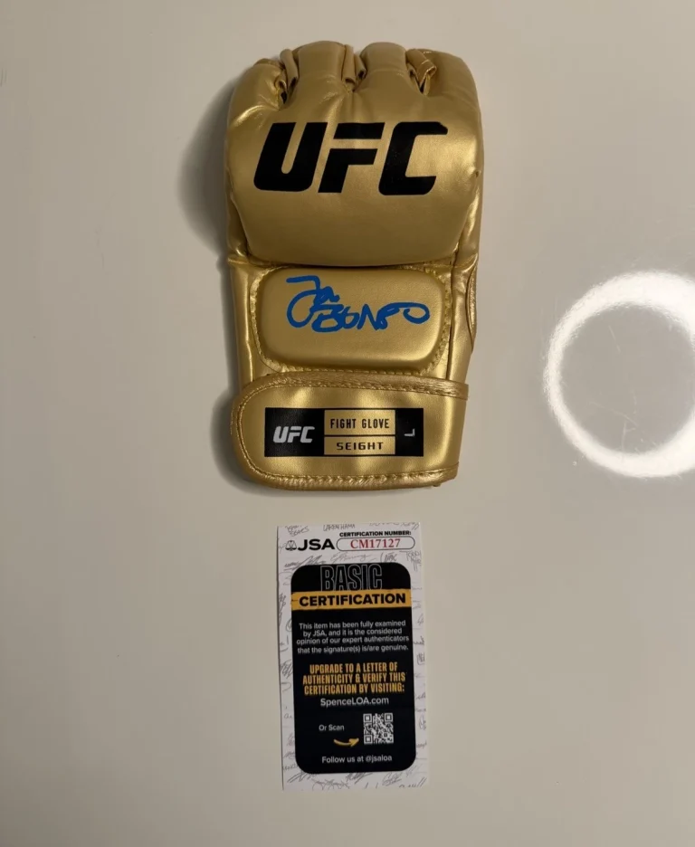 Jon “Bones” Jones Fighter Autographed Gold UFC MMA Glove GOAT JSA COA