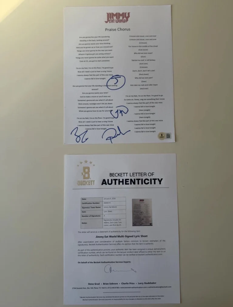 Jimmy Eat World Autographed Lyric Sheet Jim Adkins Lind Linton Burch Beckett LOA