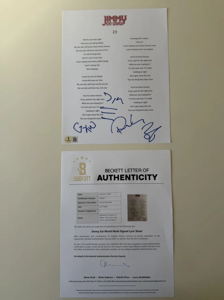 Jimmy Eat World Autographed Lyric Sheet Jim Adkins Lind Linton Burch Beckett LOA