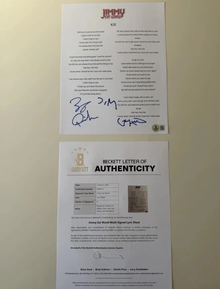 Jimmy Eat World Autographed Lyric Sheet Jim Adkins Lind Linton Burch Beckett LOA