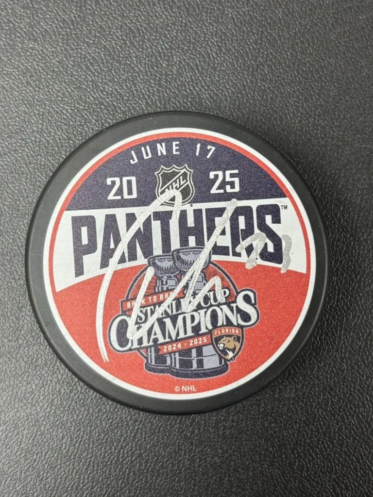 Carter Verhaeghe Signed 2025 Stanley Cup Champions Florida Panthers Puck JSA