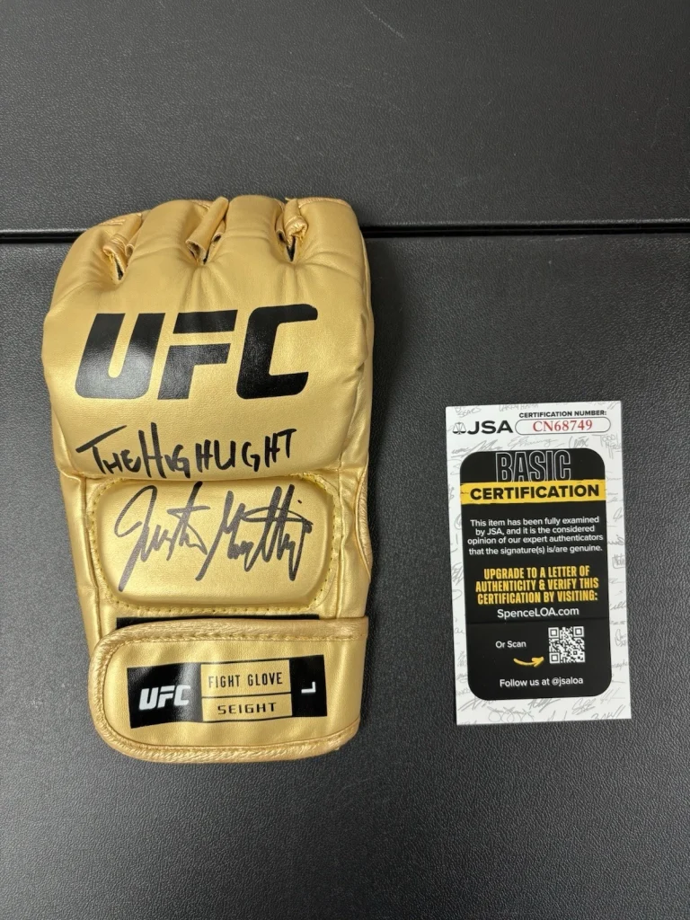 Justin Gaethje Autographed Gold UFC Glove MMA Inscribed “The Highlight” JSA COA