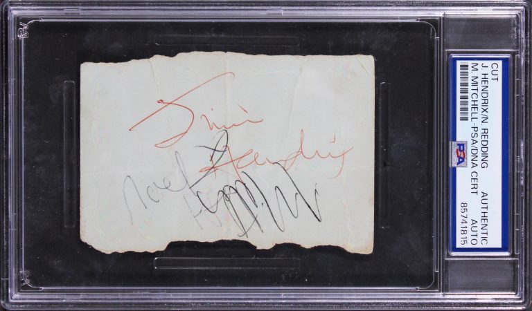 Jimi Hendrix, Noel Redding & Mitch Mitchell Signed 2.75x4 Cut Sig PSA/DNA Slab