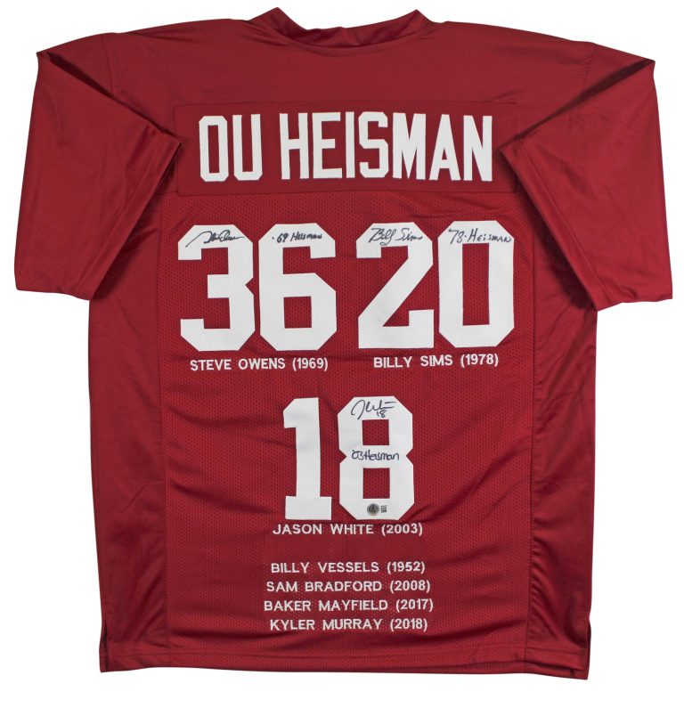 OU Heisman (3) Sims, White & Owens Signed Signed Maroon Pro Style Jersey BAS Wit