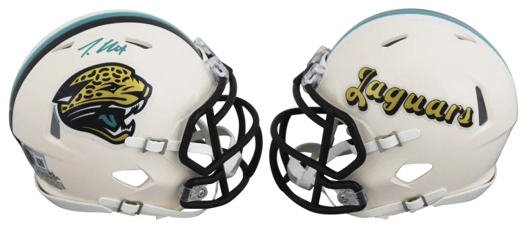 Jaguars Travis Hunter Authentic Signed Retro Speed Mini Helmet BAS Witnessed