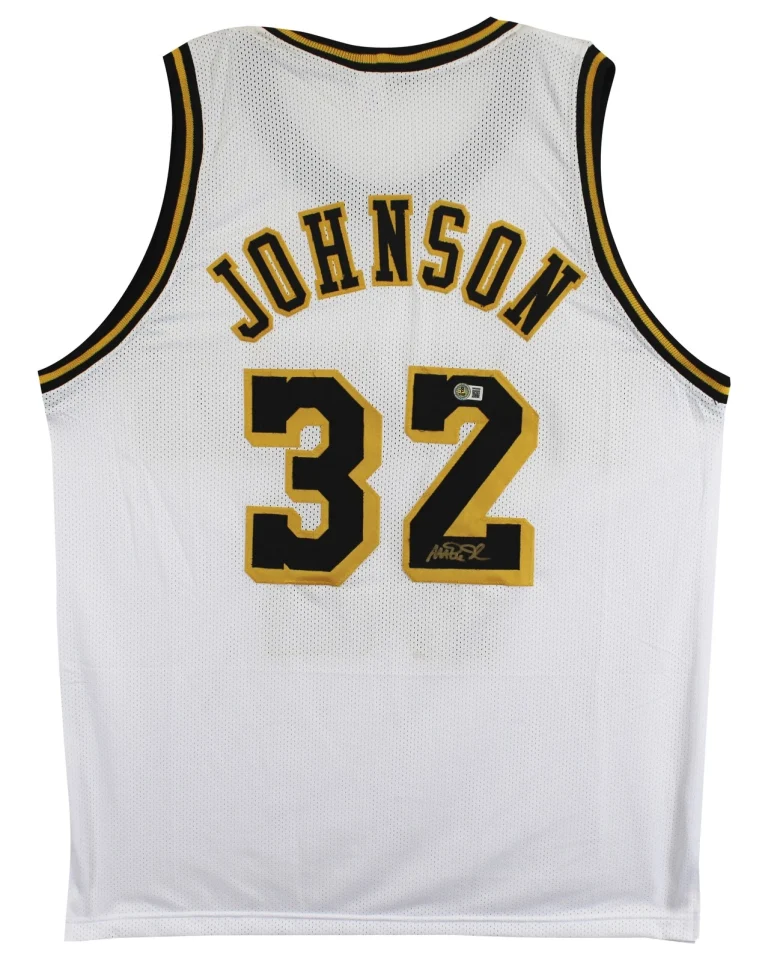 Magic Johnson Signed White Pro Style Jersey w/ Black Numbers BAS Witnessed 2