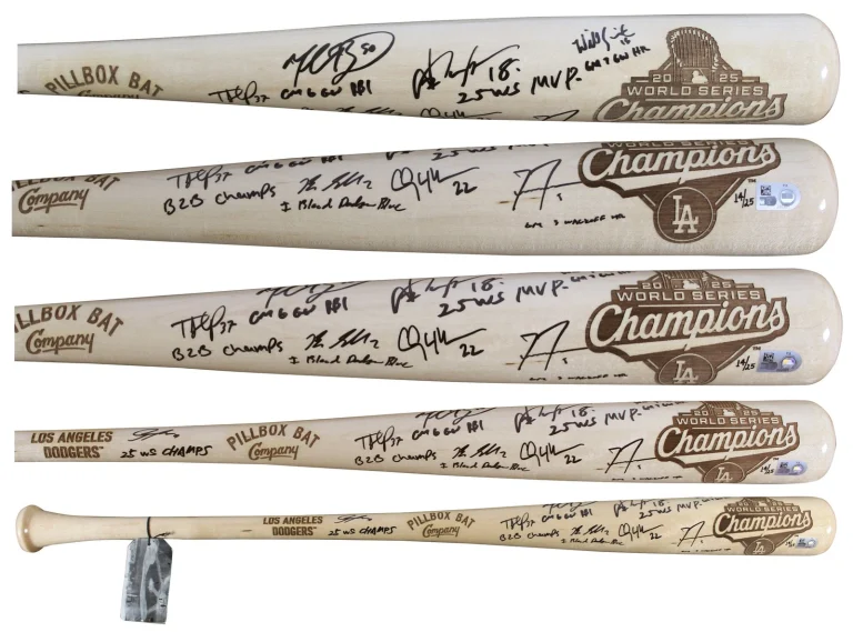 2025 Dodgers (8) Sasaki, Yamamoto, Freeman, Betts +4 Signed WS Bat LE FAN & MLB