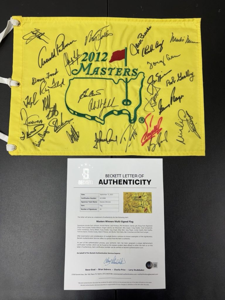 2012 MASTERS FLAG SIGNED BY 29 WINNERS, PALMER NICKLAUS PLAYER MICKELSON BAS LOA