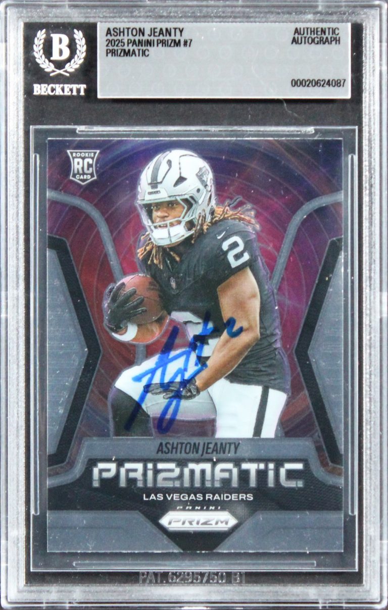 Raiders Ashton Jeanty Signed 2025 Panini Prizm Prizmatic #7 RC Card BAS Slabbed