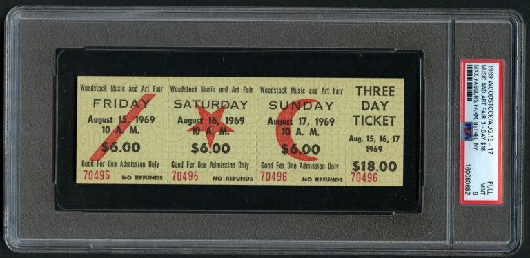 Woodstock Advance 3 Day $6.00 / $18.00 Ticket August 15-17 1969 Grade 9 Mint PSA