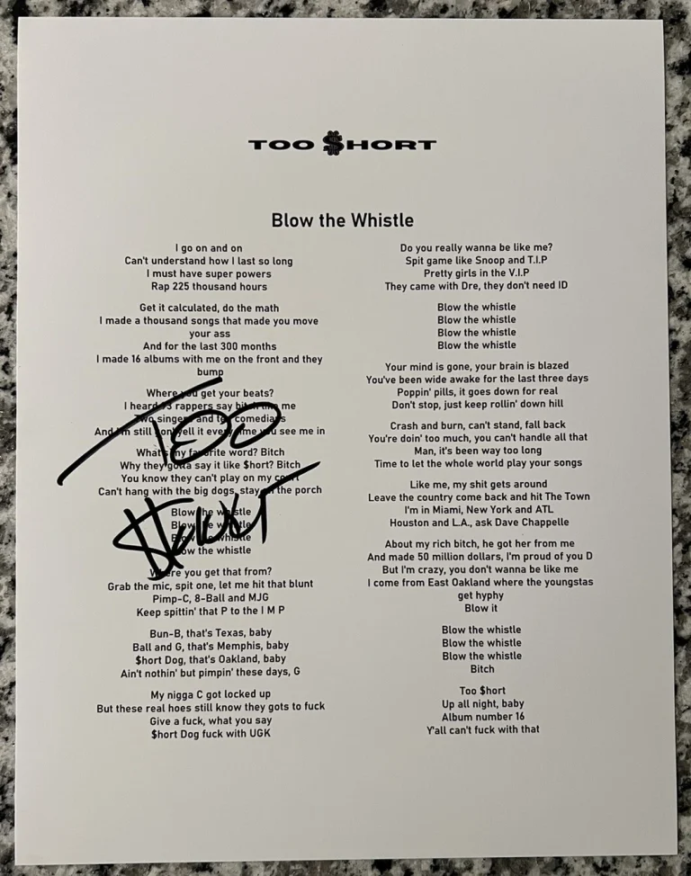 TOO SHORT SIGNED LYRIC SHEET BLOW THE WHISTLE RAPPER AUTOGRAPH AUTHENTIC COA