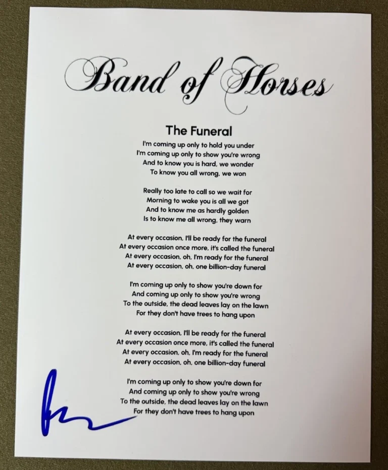 BEN BRIDWELL SIGNED LYRIC SHEET THE FUNERAL BAND OF HORSES SINGER AUTOGRAPH COA