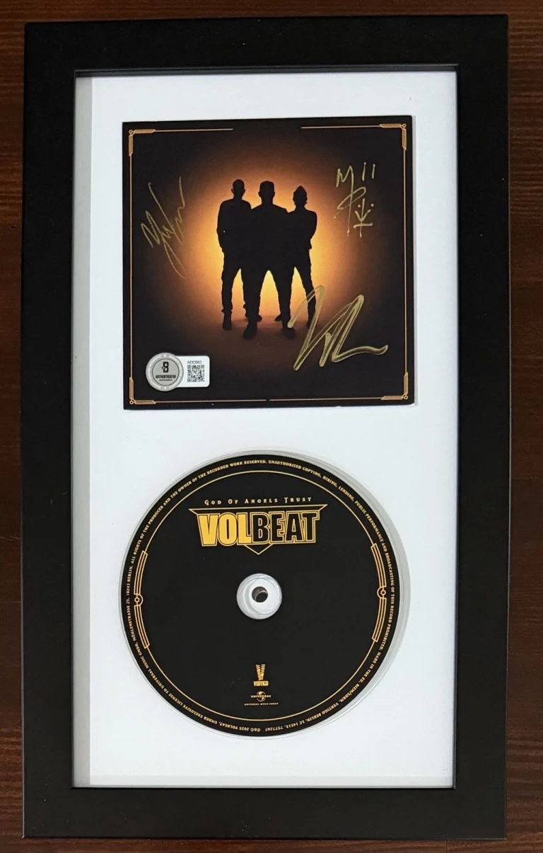 FRAMED SIGNED AUTOGRAPH VOLBEAT God Of Angels Trust Art Card CD BAS Beckett COA