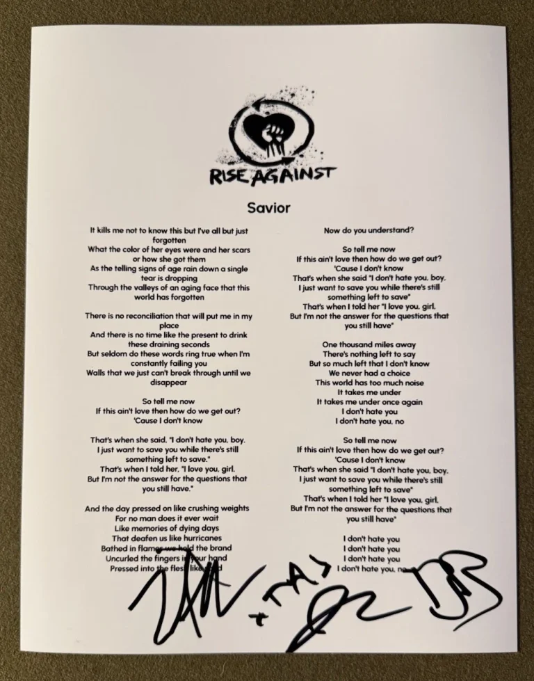 RISE AGAINST FULL BAND SIGNED LYRIC SHEET SAVIOR AUTOGRAPH AUTHENTIC COA