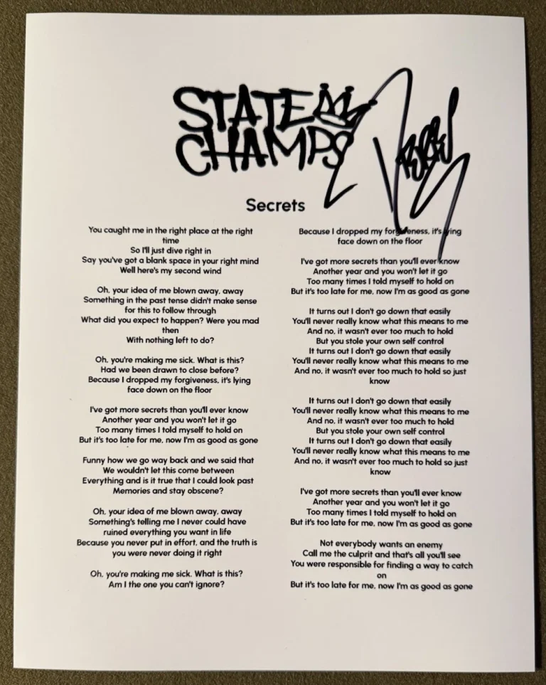 DEREK DISCANIO SIGNED LYRIC SHEET STATE CHAMPS SECRETS AUTOGRAPH AUTHENTIC COA