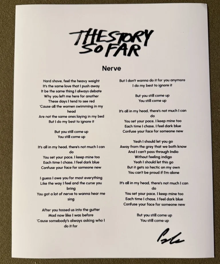 PARKER CANNON SIGNED LYRIC SHEET THE STORY SO FAR NERVE AUTOGRAPH AUTHENTIC COA