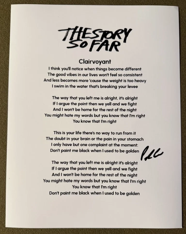 PARKER CANNON SIGNED LYRIC SHEET THE STORY SO FAR CLAIRVOYANT AUTOGRAPH COA