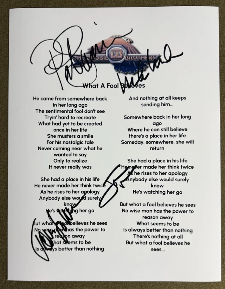 THE DOOBIE BROTHERS SIGNED LYRIC SHEET WHAT A FOOL BELIEVES AUTOGRAPH COA