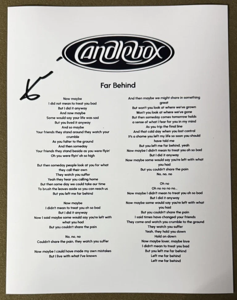 KEVIN MARTIN SIGNED LYRIC SHEET CANDLEBOX FAR BEHIND AUTOGRAPH COA