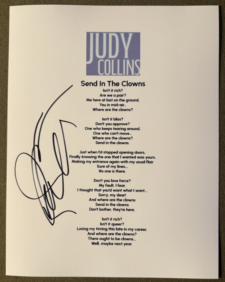 JUDY COLLINS SIGNED LYRIC SHEET SEND IN THE CLOWNS AUTHENTIC AUTOGRAPH COA