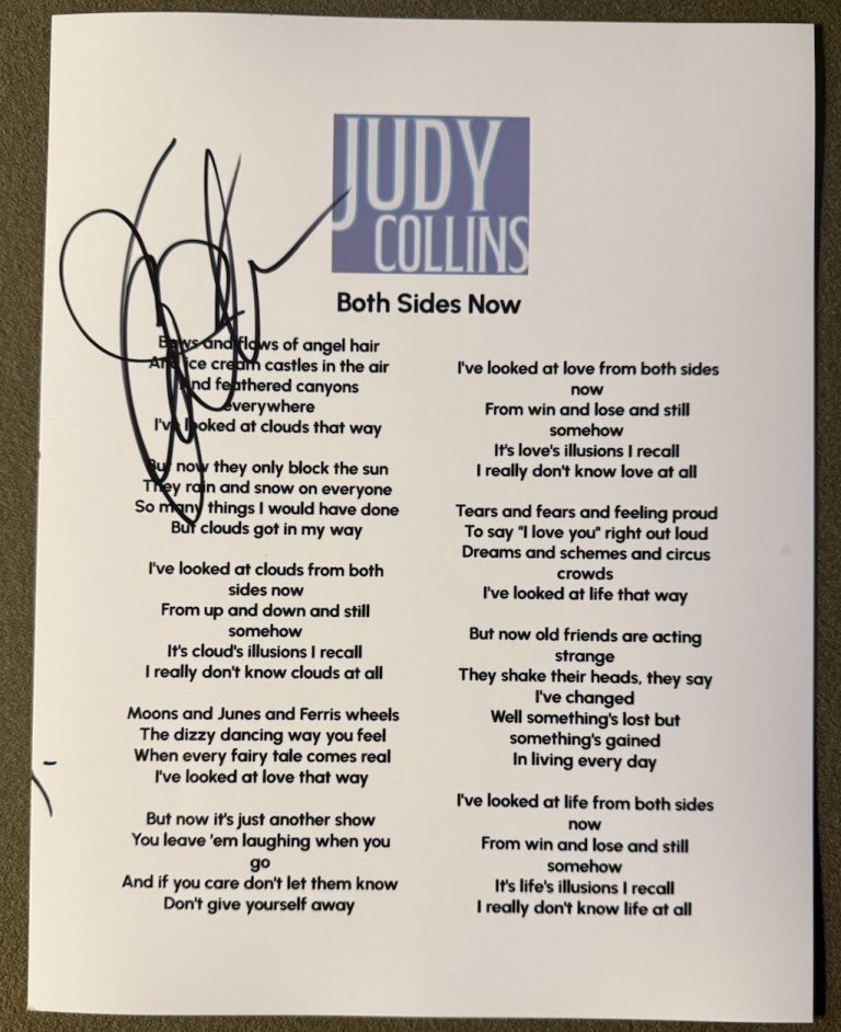 JUDY COLLINS SIGNED LYRIC SHEET BOTH SIDES NOW AUTHENTIC AUTOGRAPH COA
