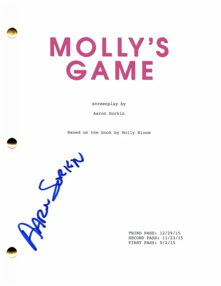 AARON SORKIN SIGNED AUTOGRAPH MOLLY'S GAME FULL MOVIE SCRIPT - JESSICA CHASTAIN
