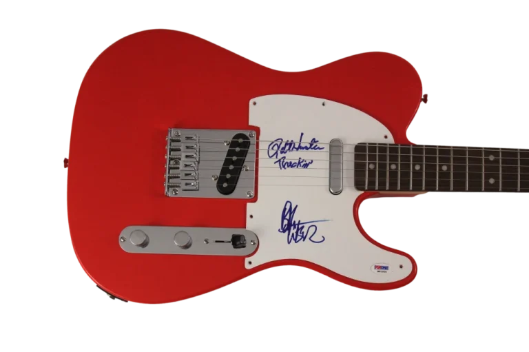 BOB WEIR & ROBERT HUNTER SIGNED AUTOGRAPH RED FENDER GUITAR GRATEFUL DEAD W/ PSA