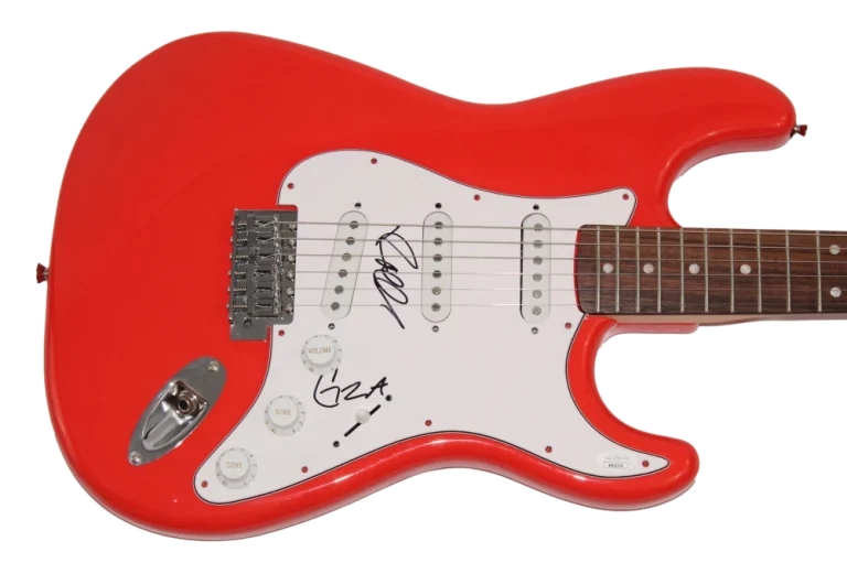 GZA & RAEKWON SIGNED AUTOGRAPH RED FENDER ELECTRIC GUITAR WU-TANG CLAN JSA COA