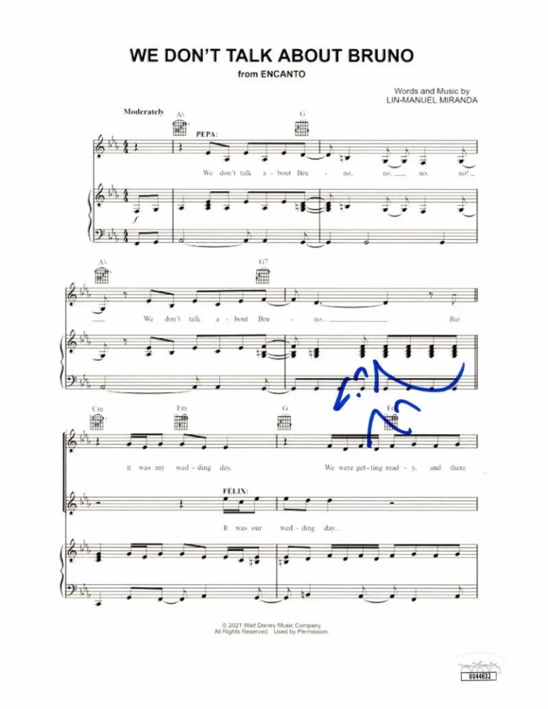 LIN MANUEL MIRANDA SIGNED AUTOGRAPH ENCANTO BRUNO SHEET MUSIC HAMILTON JSA COA