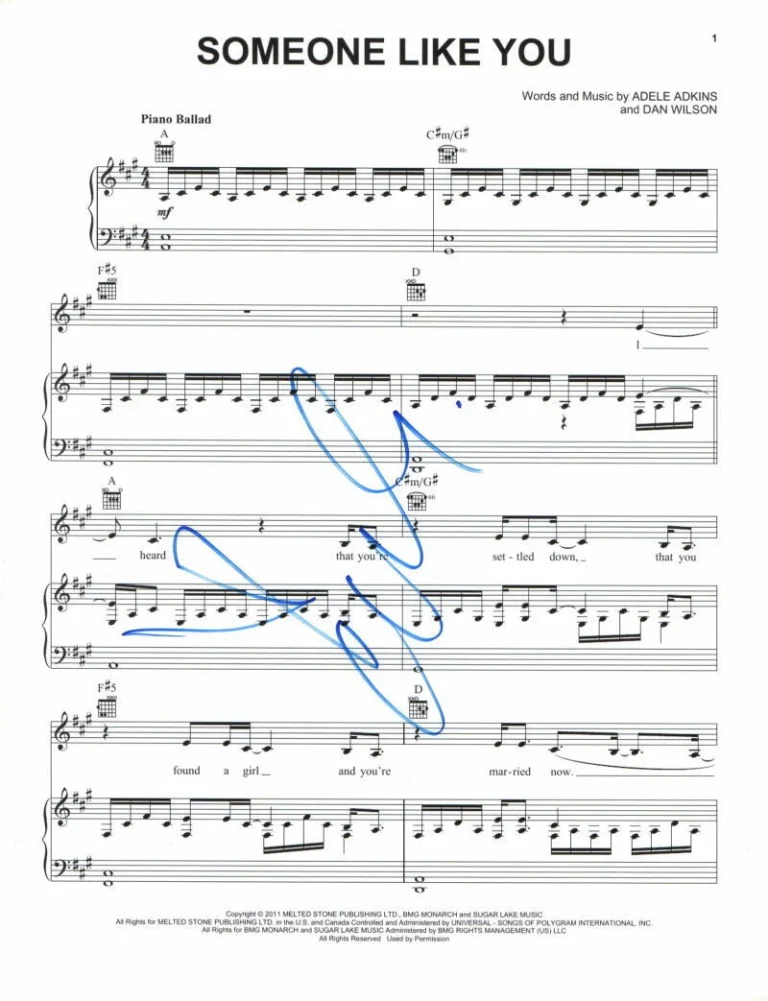 ADELE ADKINS SIGNED AUTOGRAPH SOMEONE LIKE YOU SHEET MUSIC - RARE! 19 21 JSA COA