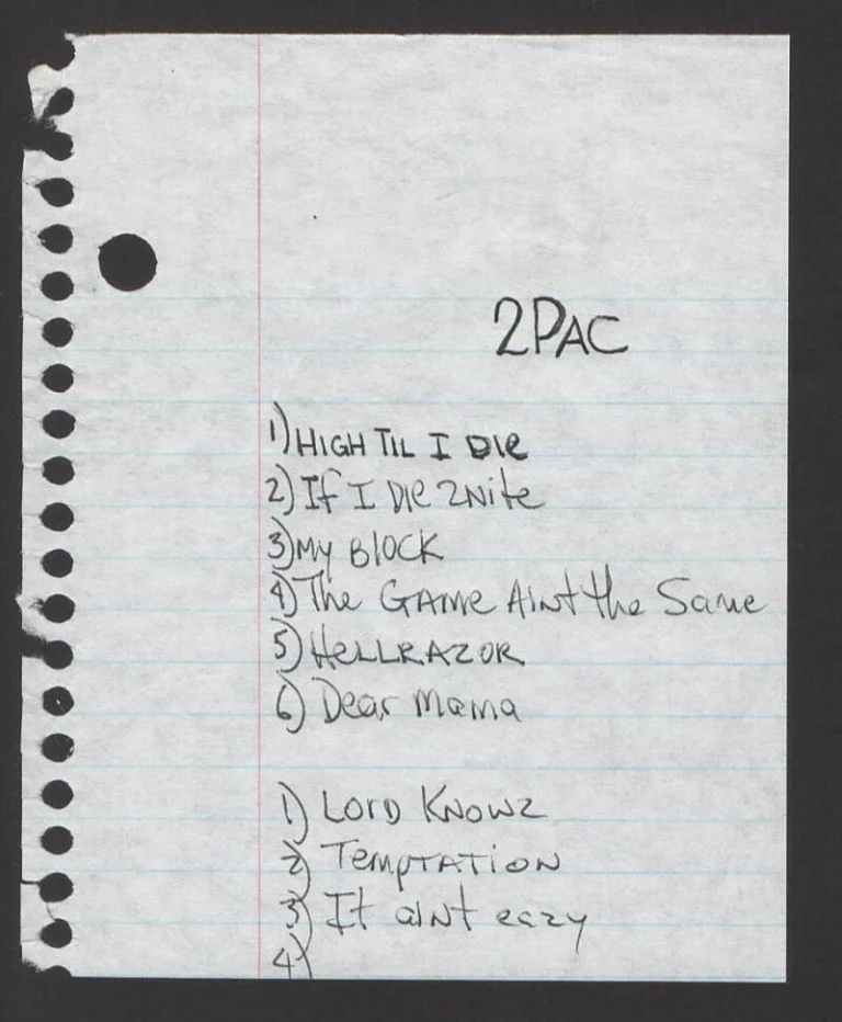 TUPAC SHAKUR 2PAC SIGNED AUTOGRAPH HANDWRITTEN SET LIST - ALL EYEZ ON ME JSA COA