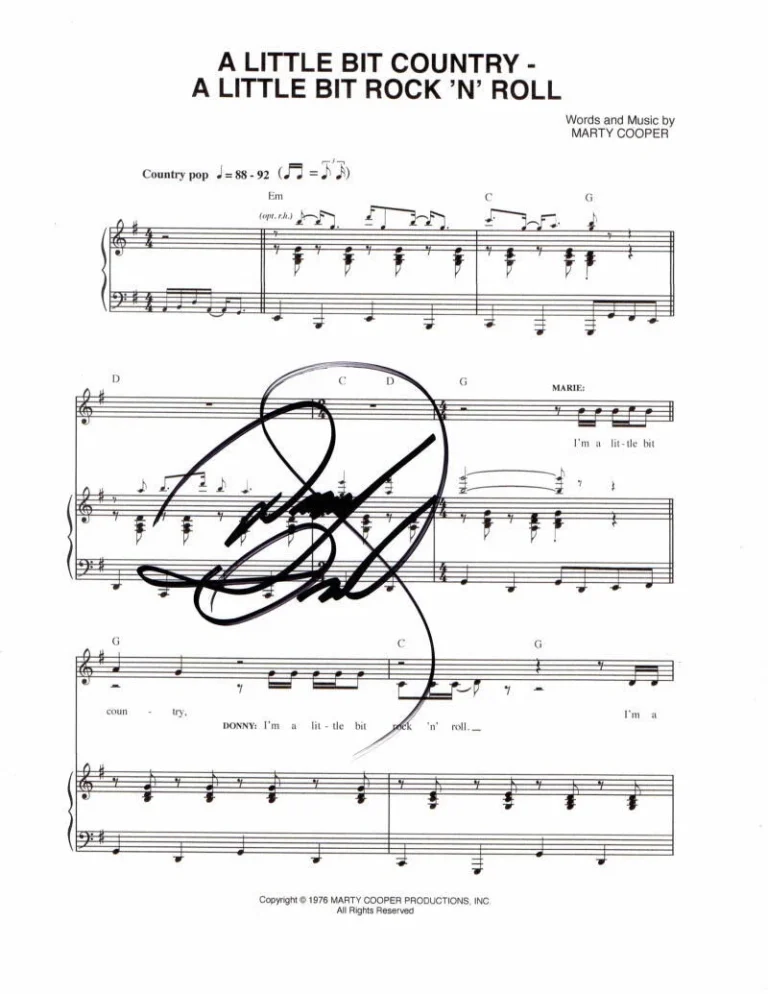 DONNY OSMOND SIGNED AUTOGRAPH A LITTLE BIT COUNTRY SHEET MUSIC - DONNY & MARIE