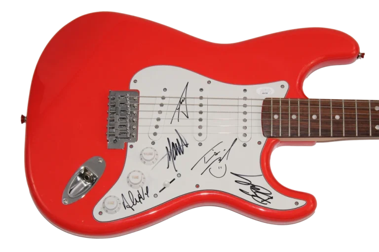 ATREYU FULL BAND X5 SIGNED AUTOGRAPH RED FENDER ELECTRIC GUITAR RARE! W/ JSA COA