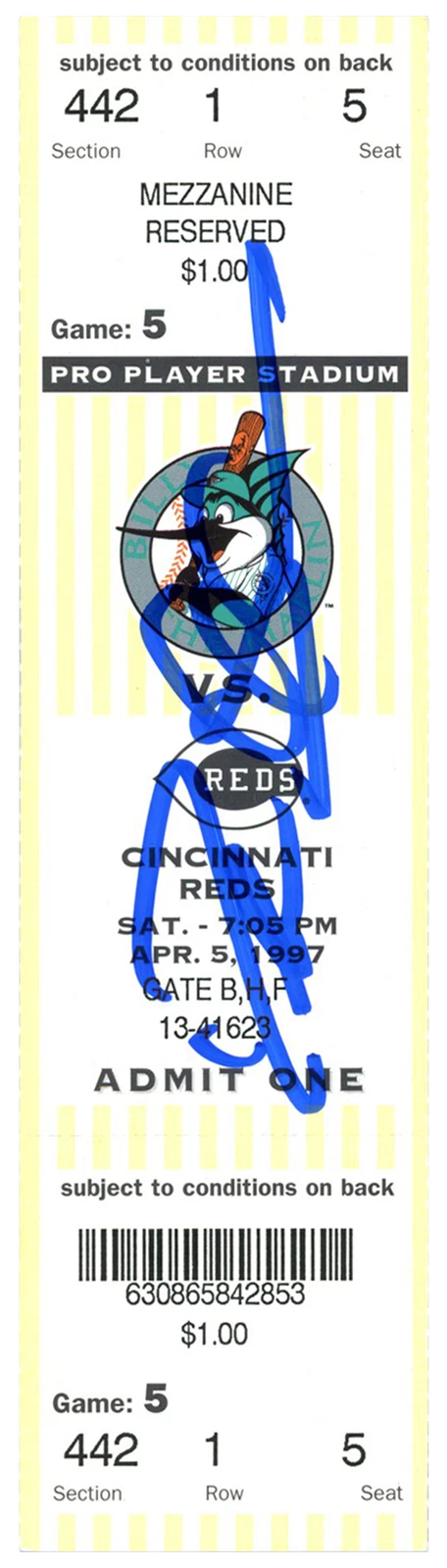 Deion Sanders Signed Cincinnati Reds 4/5/1997 @ Marlins Ticket BAS 37166