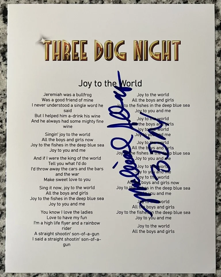 MICHAEL ALLSUP SIGNED LYRIC SHEET THREE DOG NIGHT JOY TO THE WORLD AUTOGRAPH COA