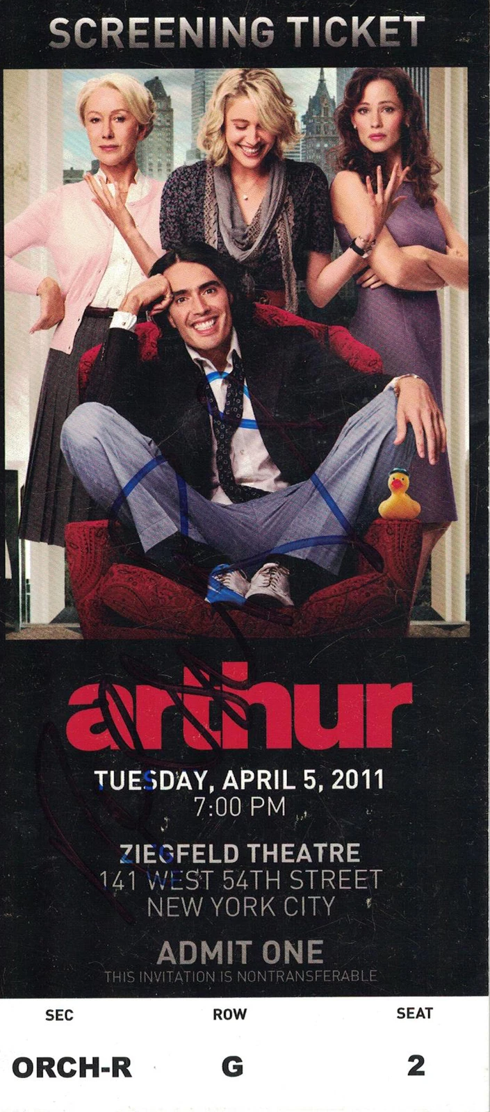 Russell Brand Autographed/Signed Arthur 2011 Screening Ticket BAS 29840