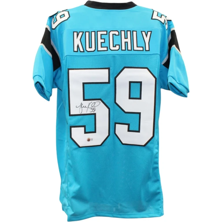 Luke Kuechly Autographed Pro Style Sz XL Blue Jersey Beckett Witness 57912