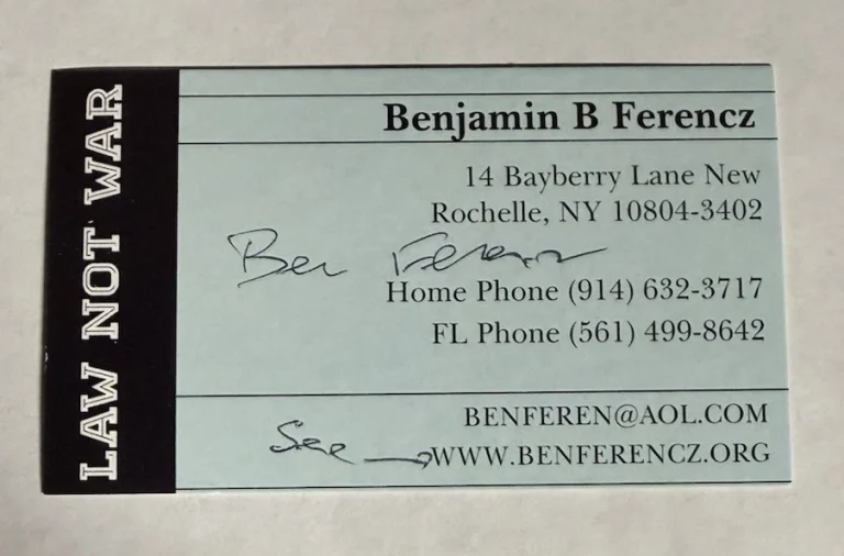 BEN FERENCZ SIGNED BUSINESS CARD AUTOGRAPHED LAWYER NUREMBERG TRIALS WWII COA