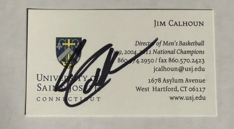 JIM CALHOUN SIGNED BUSINESS CARD AUTOGRAPHED FORMER UCONN BASKETBALL COACH COA