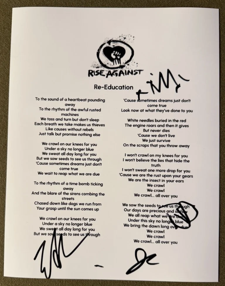 RISE AGAINST FULL BAND SIGNED LYRIC SHEET RE-EDUCATION AUTOGRAPH AUTHENTIC COA