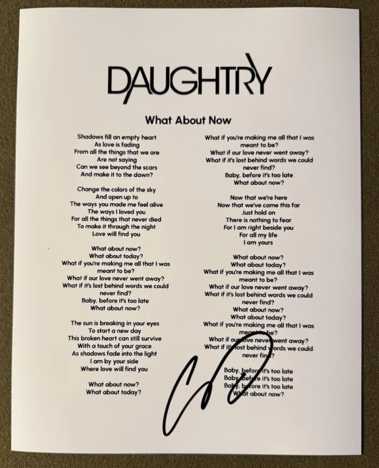 CHRIS DAUGHTRY SIGNED LYRIC SHEET WHAT ABOUT NOW AUTOGRAPH AUTHENTIC COA