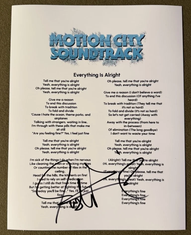 JUSTIN PIERRE SIGNED LYRIC SHEET MOTION CITY SOUNDTRACK AUTOGRAPH AUTHENTIC COA
