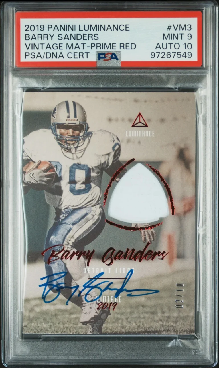 2019 Panini Luminance Vint Red#VM3 02/10 Barry Sanders Signed Card PSA 9 Auto 10