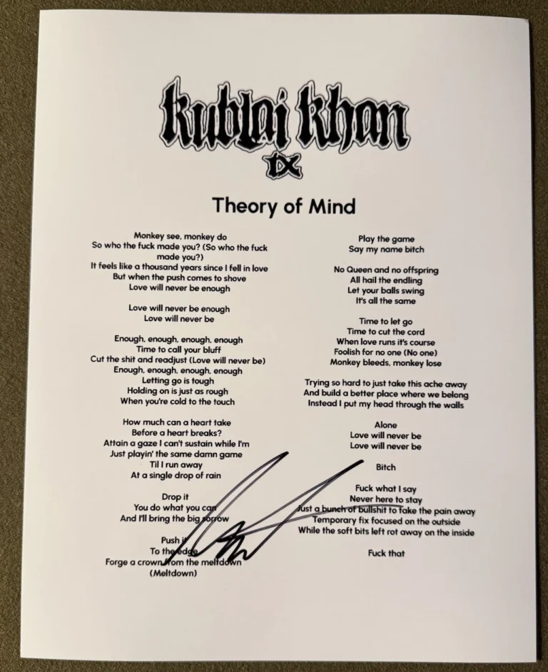 MATT HONEYCUTT SIGNED LYRIC SHEET KUBLAI KHAN THEORY OF MIND AUTOGRAPH COA