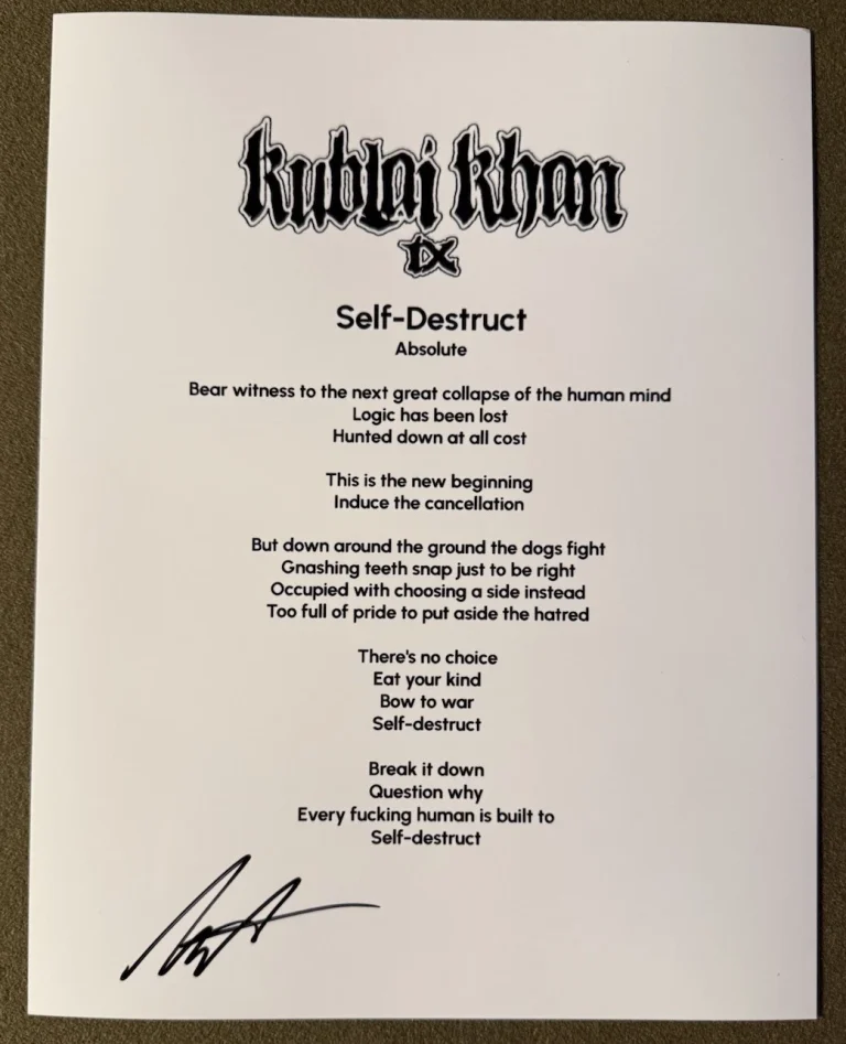MATT HONEYCUTT SIGNED LYRIC SHEET KUBLAI KHAN SELF-DESTRUCT AUTOGRAPH COA