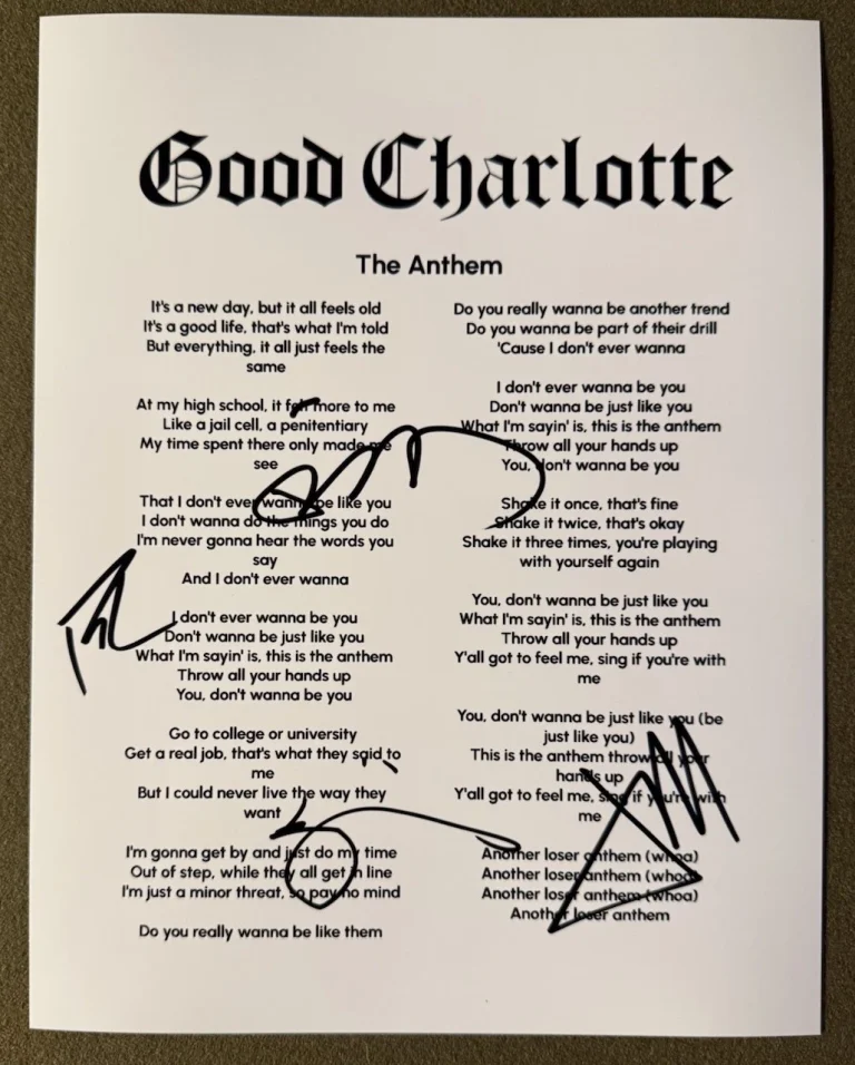 GOOD CHARLOTTE FULL BAND SIGNED LYRIC SHEET THE ANTHEM AUTOGRAPH AUTHENTIC COA
