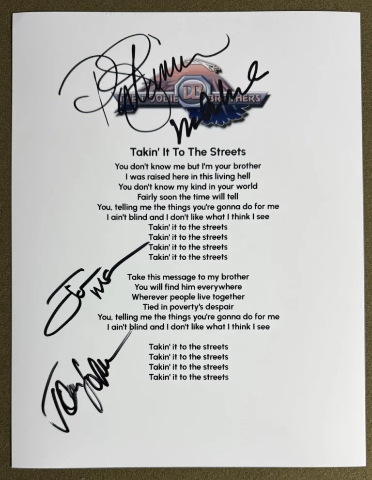 THE DOOBIE BROTHERS SIGNED LYRIC SHEET TAKIN IT TO THE STREETS AUTOGRAPH COA