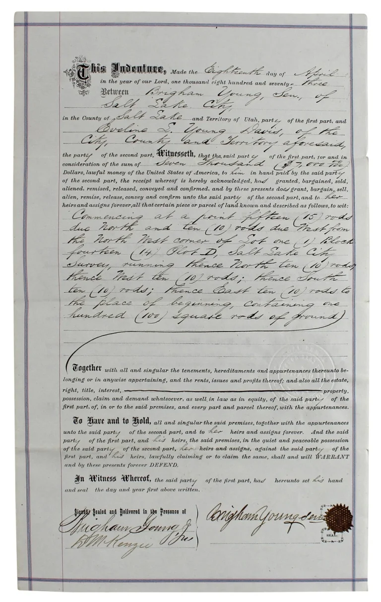 Brigham Young Authentic Signed 7.5x14.5 1873 Land Deed Document BAS #AB77797